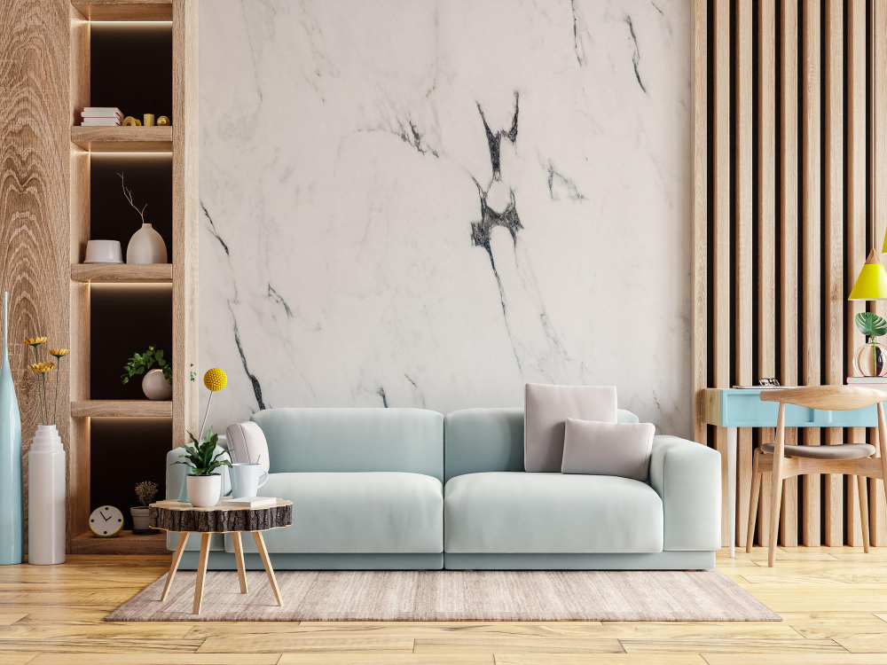 modern interior living room have blue sofa with coffee table working table marble wall 3d rendering